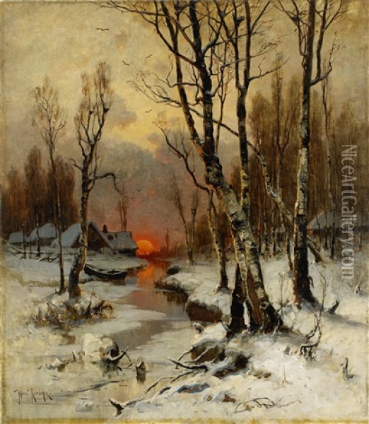 Sunset In The Forest In Winter Oil Painting - Yuliy Yulevich (Julius) Klever
