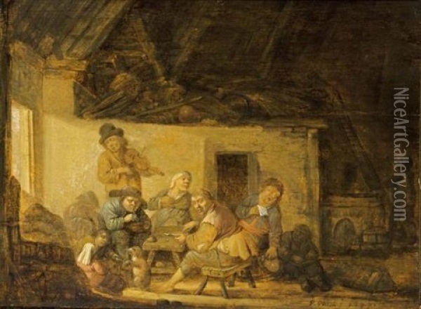 A Barn Interior With Peasants Singing And Smoking Around A Table Together With A Violin Player, And A Child Playing With A Dog Oil Painting - Pieter Symonsz Potter