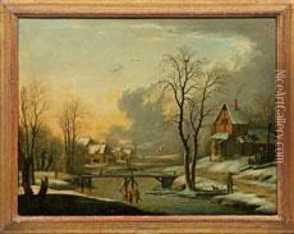 Winterlandschaft Mit Idyllischem Dorf Am Fluss Oil Painting - Johann Christian Vollerdt or Vollaert