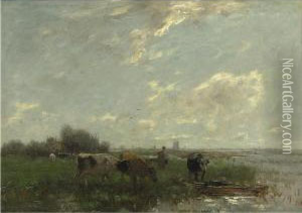 Landscape With Cattle And Windmills Oil Painting - Willem Maris
