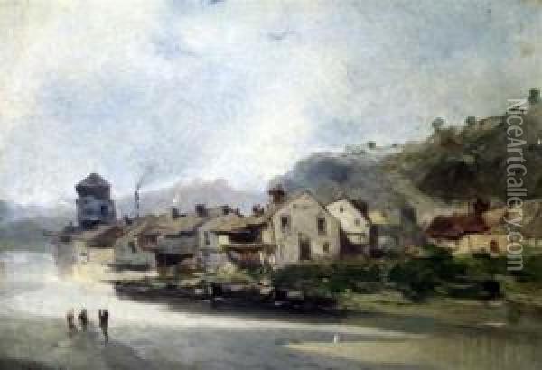 Riverside Town Oil Painting - Eugene Deshayes