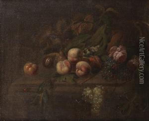 Peaches, Figs, Grapes, Vine Leaves And Roses On A Ledge Oil Painting - Heroman Van Der Mijn