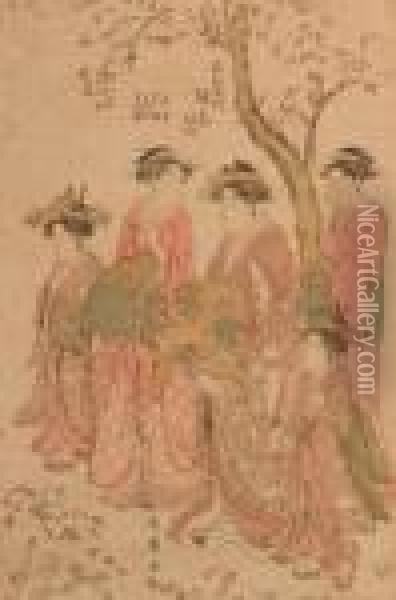 Four Women And A Girl Under Tree Oil Painting - Kitagawa Utamaro