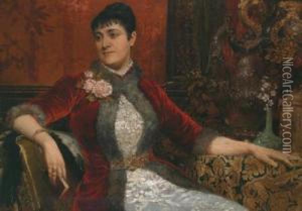 Interno Con Dama Seduta In Abito Di Velluto Rosso Oil Painting - Alois Hans Schramm
