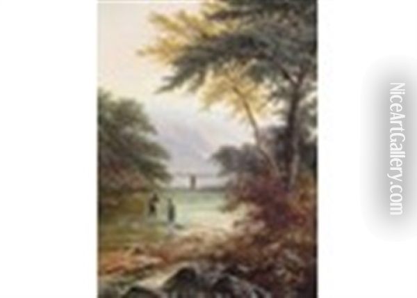 Wharfe Bridge; Figures Fishing (a Pair) Oil Painting - Walter Heath Williams