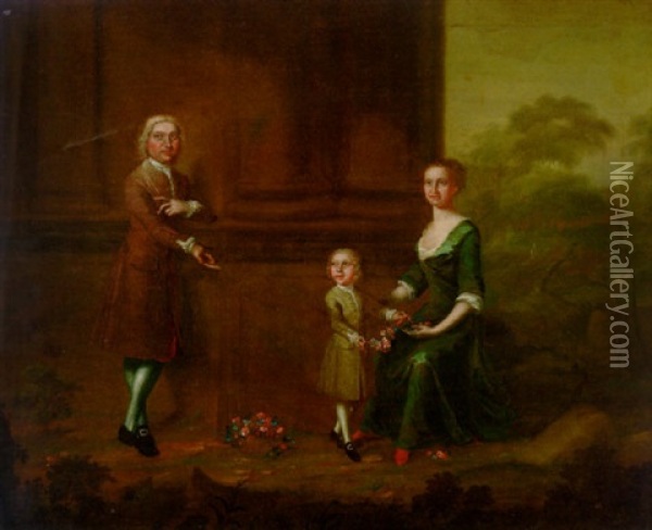 Portrait Of A Gentleman With His Wife And Child, In Brown Coat, The Child Holding A Garland Of Flowers Oil Painting - Charles Philips
