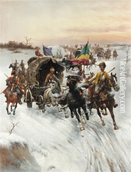 Gold Transport In Siberia Oil Painting - Adolf (Constantin) Baumgartner-Stoiloff