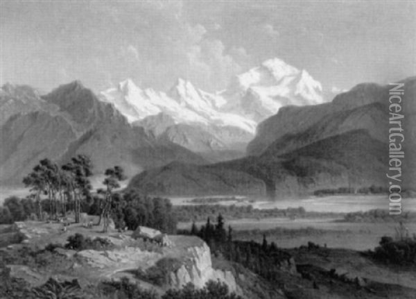 Ziegenhirte Mit -hirtin In Alpenlandschaft Mit See Oil Painting - Josef Mayburger