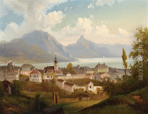 Blick Auf Gmunden Oil Painting - Johann Wilhelm Jankowski
