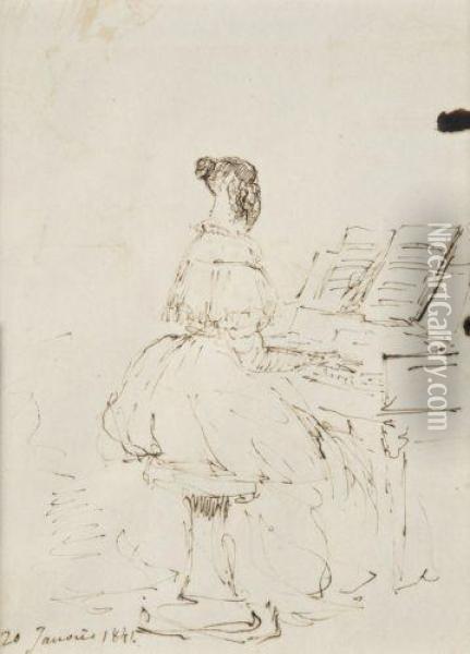 Jeune Femme Au Piano Oil Painting - Prosper Merimee