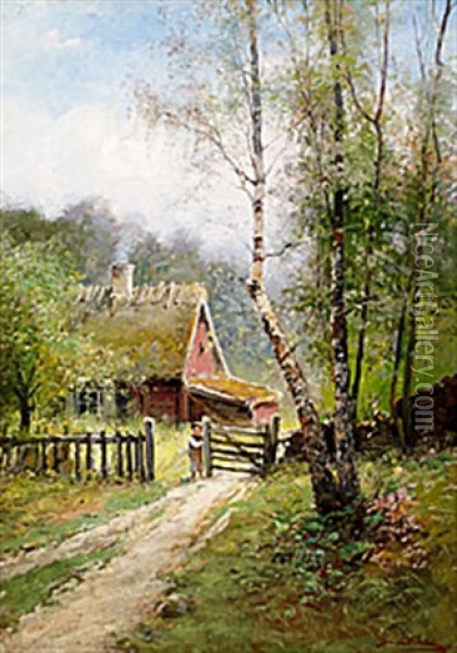 Pojke Vid Grind Oil Painting - Johan Severin Nilsson