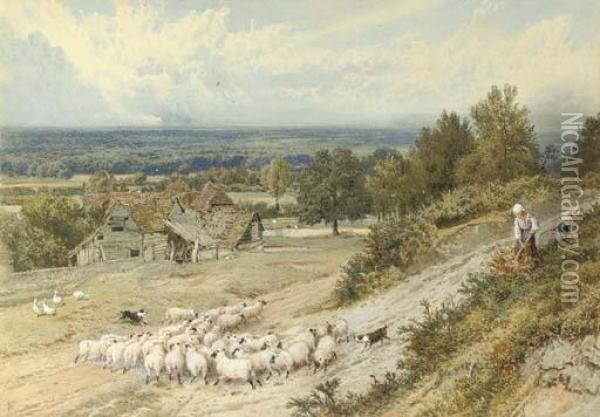 A Farmhouse Near Haslemere With Children Blackberrying Oil Painting - Myles Birket Foster