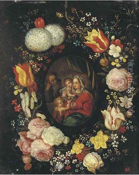 The Holy Family with the Infant Saint John the Baptist in a floral cartouche Oil Painting - Jan Brueghel the Younger