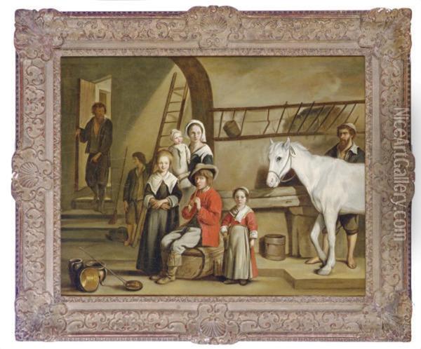 A Family With A Horse In A Stable Oil Painting - Mathieu Le Nain