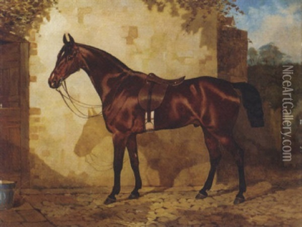 A Bay Hunter In A Stable Yard Oil Painting - William Osborne