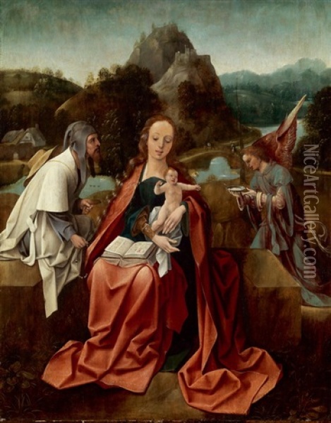 Madonna Mit Kind In Einer Landschaft Sitzend, Flankiert Von Engel Und Pilger Oil Painting - Jan de Beer