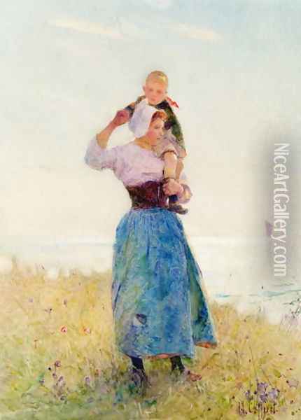 Woman and Child in a Meadow Oil Painting - Hector Caffieri