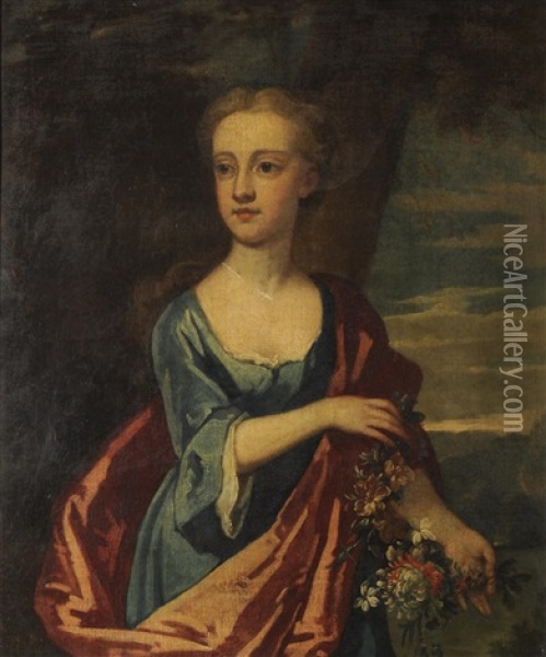A Three Quarter Length Portrait Of A Young Girl Wearing A Red Satin Sash And Holding A Garland Of Flowers Before A Landscape Oil Painting - Michael Dahl