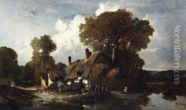A Man in a Boat by a Cottage in a Wooded River Landscape Oil Painting - Louis Adolphe Hervier