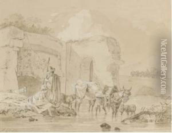 Shepherds Watering Their Animals By A Ruined Bridge, A Horse And Cart Seen Beyond Oil Painting - Michel Hamon-Duplessis
