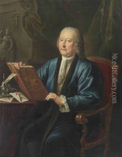 Portrait Of Johan Anthonie Van Kinschot (1708-1766), Alderman Of The City Of Delft, Three-quarter-length, In A Blue Robe And A White Chemise, Seated At A Desk With Writing Materials, Holding A Book Embossed With His Coat Of Ar Oil Painting - Philippe Lambert Joseph Spruyt
