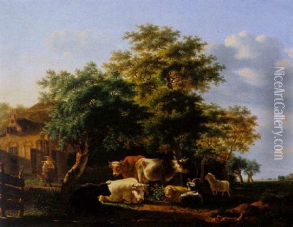 Cows, Sheep And A Goat At Pasture Oil Painting - Gillis Smak Gregoor