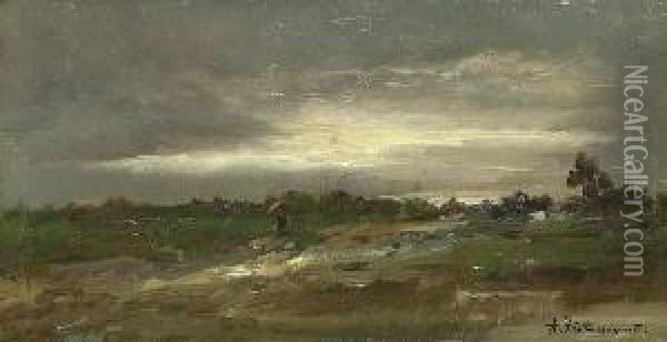 Aufziehendes Gewitter. Oil Painting - August Albert Zimmermann