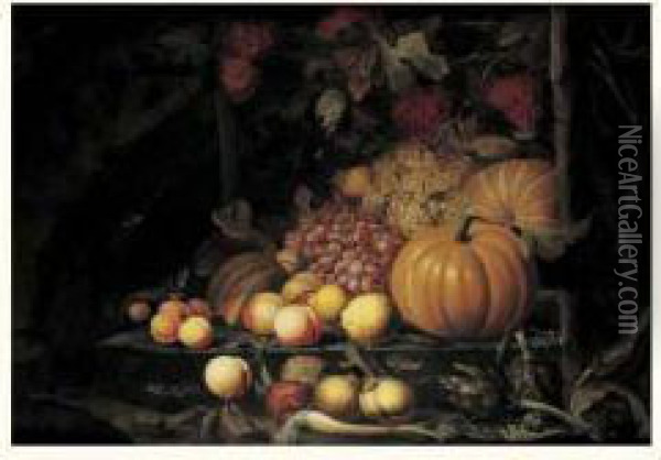 Nature Morte De Raisins, Artichauts Et Citrouilles Oil Painting - Alexander Coosemans