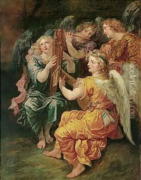 Music-making Angels Playing The Harp, Flute, Viola And Lute Oil Painting - Theodor Van Thulden
