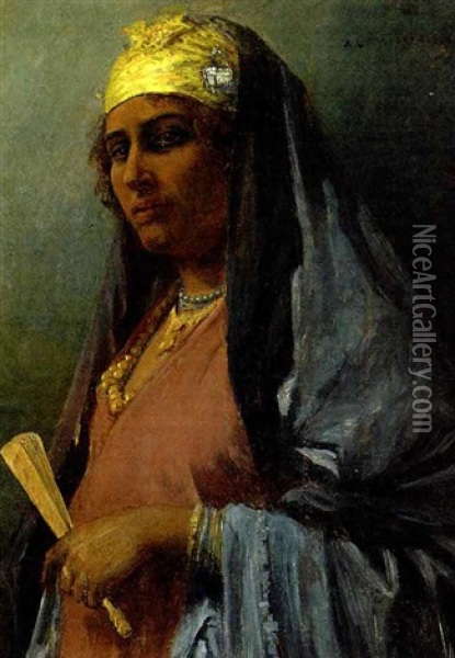 An Oriental Maiden Holding A Fan Oil Painting - Leopold Alphons Mielich