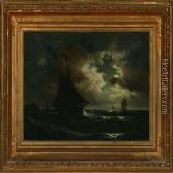 Maritime Scenery With Wessels In Moonlight Oil Painting - Carl Ludwig Bille