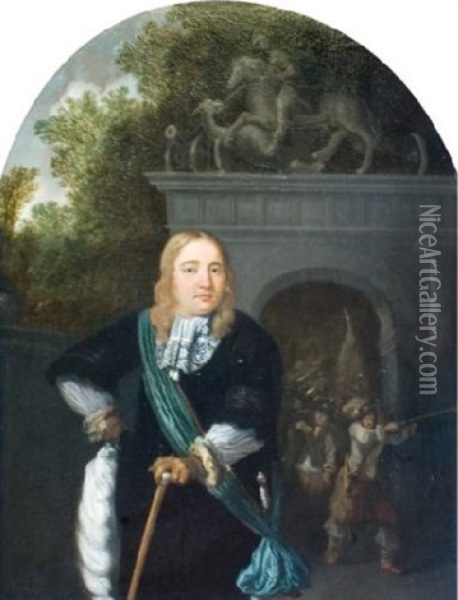 Portrait D'un Officier De La Garde De Leyde, Devant La Doelen Poort A Leyde Oil Painting - Dominicus van Tol