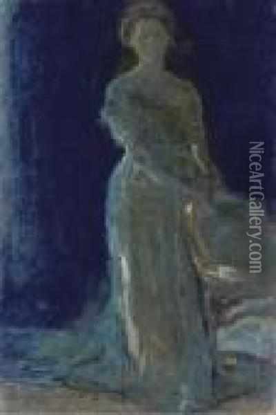 Study Of A Lady In Blue Oil Painting - Viggo Johansen
