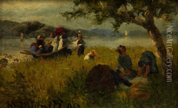 The Picnic, And Sketch Of Elegant Figures In A Park (2 Works) Oil Painting - Hans Dahl