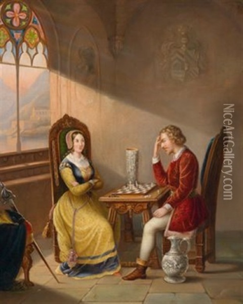 Ein Junges Paar Im Kostum Des 16. Jahrhunderts Bei Einer Schachpartie Oil Painting - Carl Schellein