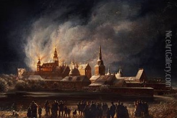 The Citizens Of The Town Of Hillerod Are Looking At The Fire That Overtakes The Castle Frederiksborg The Night Between The 17th And 18th December Oil Painting - Ferdinand Richardt