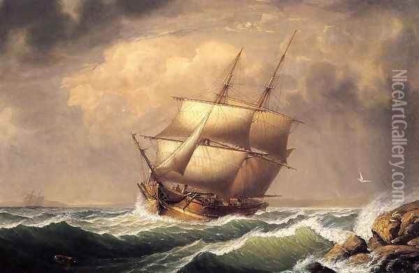 Merchant Brig under Reefed Topsails Oil Painting - Fitz Hugh Lane