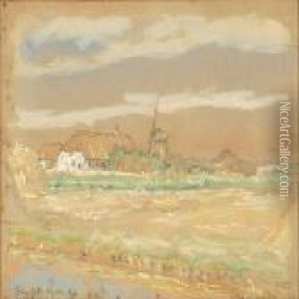 Landscape With Afarmer's House, Haystacks And A Mill Oil Painting - Viggo Johansen