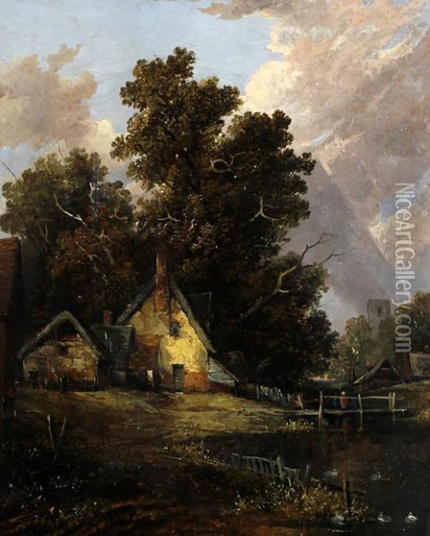 Riverside Cottage And Church Oil Painting - Joseph Paul