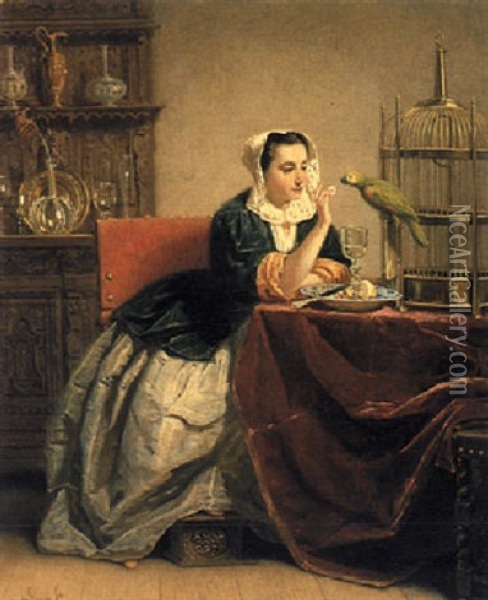 An Elegant Lady Feeding A Parrot Oil Painting - Adriaan Van Doorn