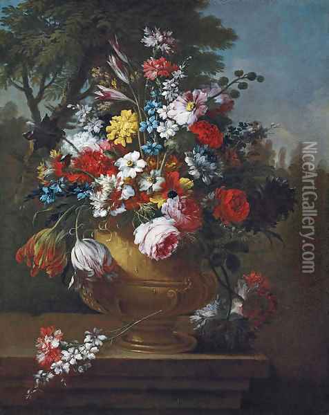 Roses, tulips, carnations, chrysanthemums and other flowers in a classical urn, on a ledge Oil Painting - Gasparo Lopez