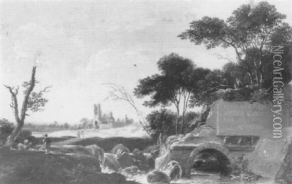 An Extensive River Landscape With A Ruined Bridge, A        Tombstone And A Ruin Beyond Oil Painting - Jean Baptiste Pillement