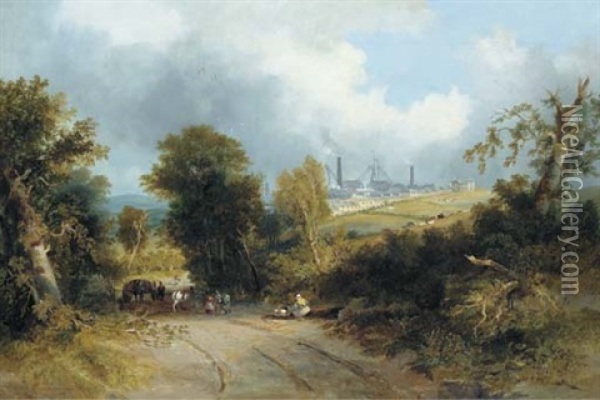 A Wooded Landscape With Figures And A Horse And Cart On A Track In The Foreground, And The Waldridge Colliery Beyond Oil Painting - John Wilson Carmichael