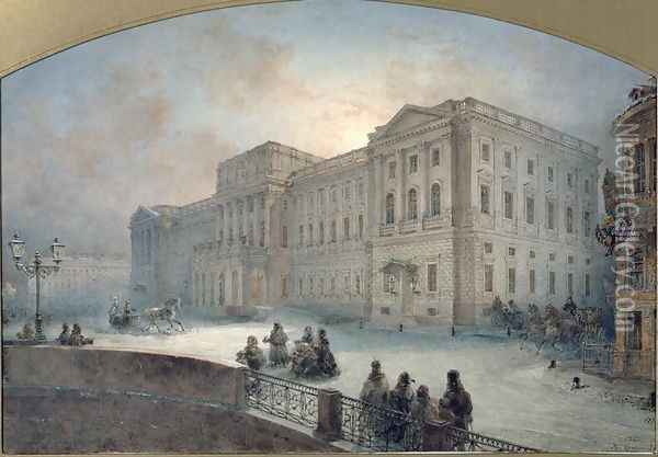 View of the Mariinsky Palace in Winter, 1863 Oil Painting - Vasili Semenovich Sadovnikov