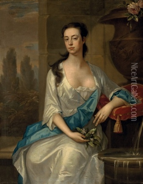 Portrait Of Mary Parker, Wife Of Daniel Dering, By A Fountain Oil Painting - Michael Dahl