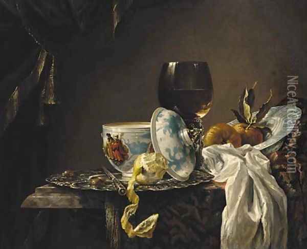 A still life of china, a goblet, fruit and a peeled lemon on a table Oil Painting - Willem Kalf