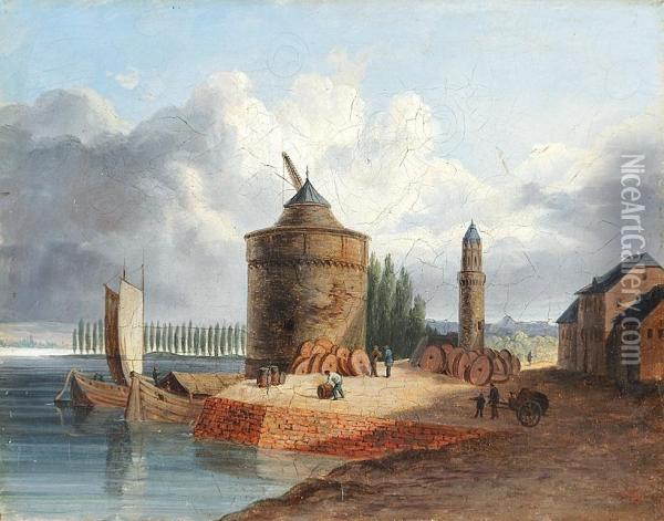 Rheinufer Mit Machtigem Rundturm, Ankernden Booten Und Arbeitern Oil Painting - Victor Chailly