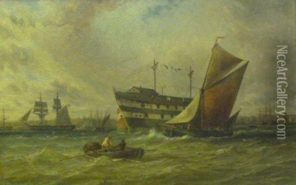 Hulk And Shipping In River Estuary Oil Painting - George Gregory