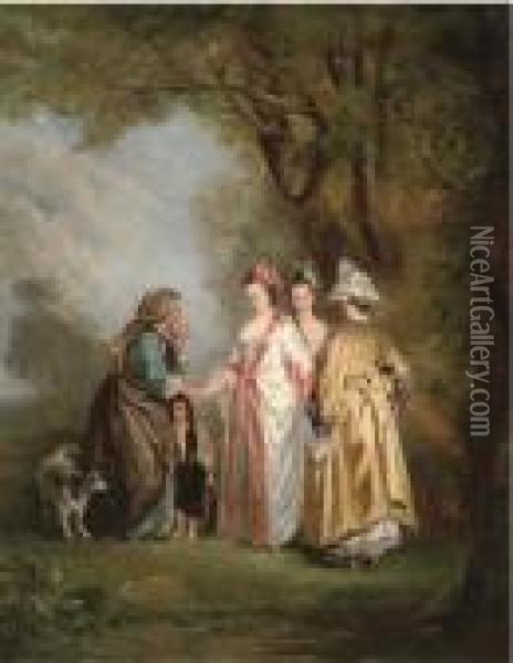 Elegant Company With A Gypsy In A Landscape Oil Painting - Philippe Mercier