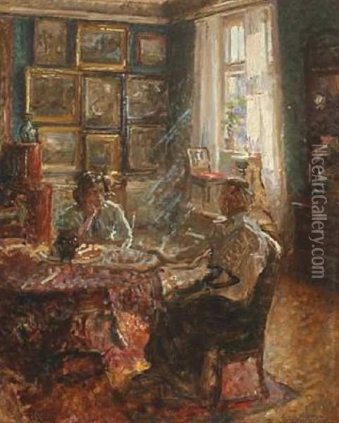 Interior With Women At A Table Oil Painting - Viggo Johansen